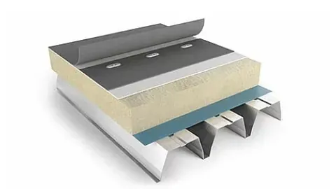 Illustrasjon av takoppbygging med dampsperre, isolasjon og takbelegg